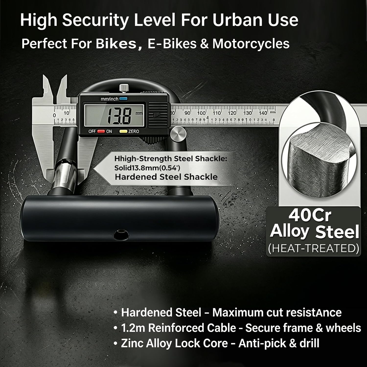 Heavy Duty Bike-U-Lock with Cable, 13.7mm Hardened Steel Anti-Theft, 3 Keys | High Security Protection; Heavy Duty