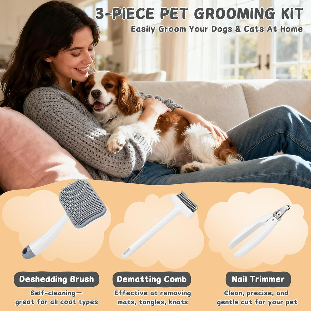 3-Piece Dogs & Cats brush for shedding - Self Cleaning Slicker Brush, Dematting Comb & Nail Clipper - Professional