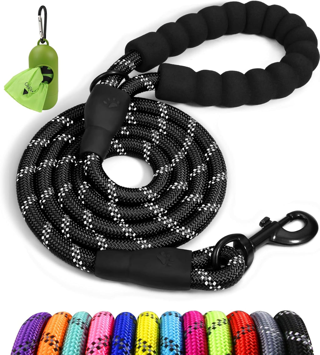 Rope Dog Leash 6 FT with Comfortable Padded Handle, Highly Reflective Threads Leash and Anti-Tangle Clip for Walking