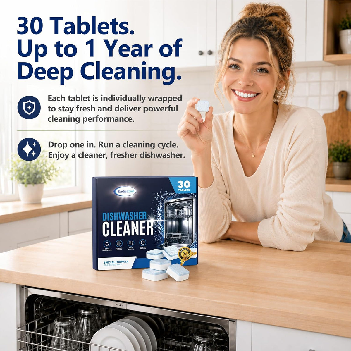 Dishwasher Cleaner Tablets 30 Pack, Removes Limescale, Grease & Odor, Restores Performance