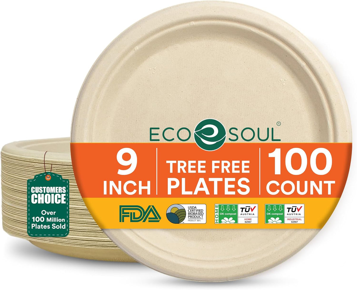 9 Inch Disposable Bagasse Paper Plates (100 Pack, Round)