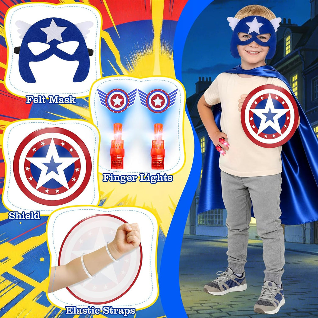 Superhero Capes with Masks,Unique Accessories,for Kids Ages 3-12 | Web Shooters,Shield,Light-Up-Gloves,6 Finger