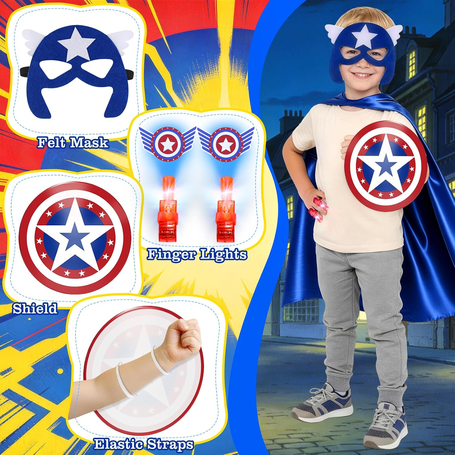 Superhero Capes with Masks,Unique Accessories,for Kids Ages 3-12 | Web Shooters,Shield,Light-Up-Gloves,6 Finger