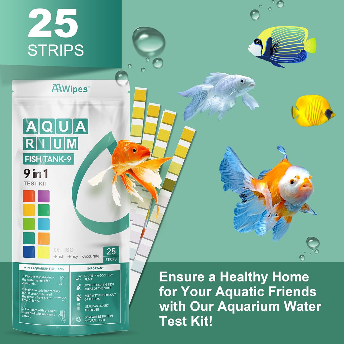 Fish Tank Marine Water Test Strips 9-in-1 |25 Strips | Freshwater, Saltwater & Reef Tanks Quick & Accurate Test pH