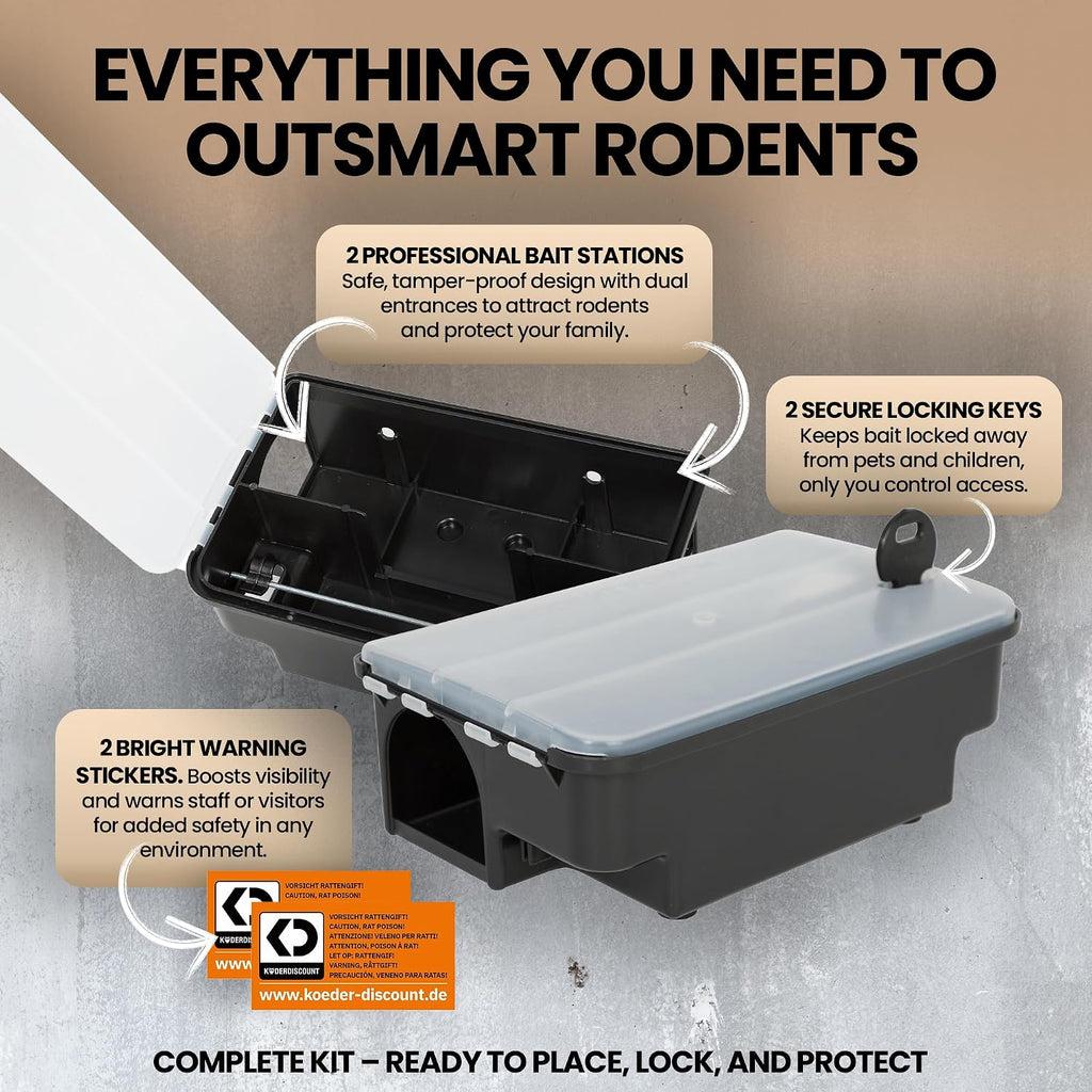 Professional Rat & Mouse Bait Station – 2 Lockable Weather-Resistant Rat Trap Boxes with Clear Lid & Dual Entry –