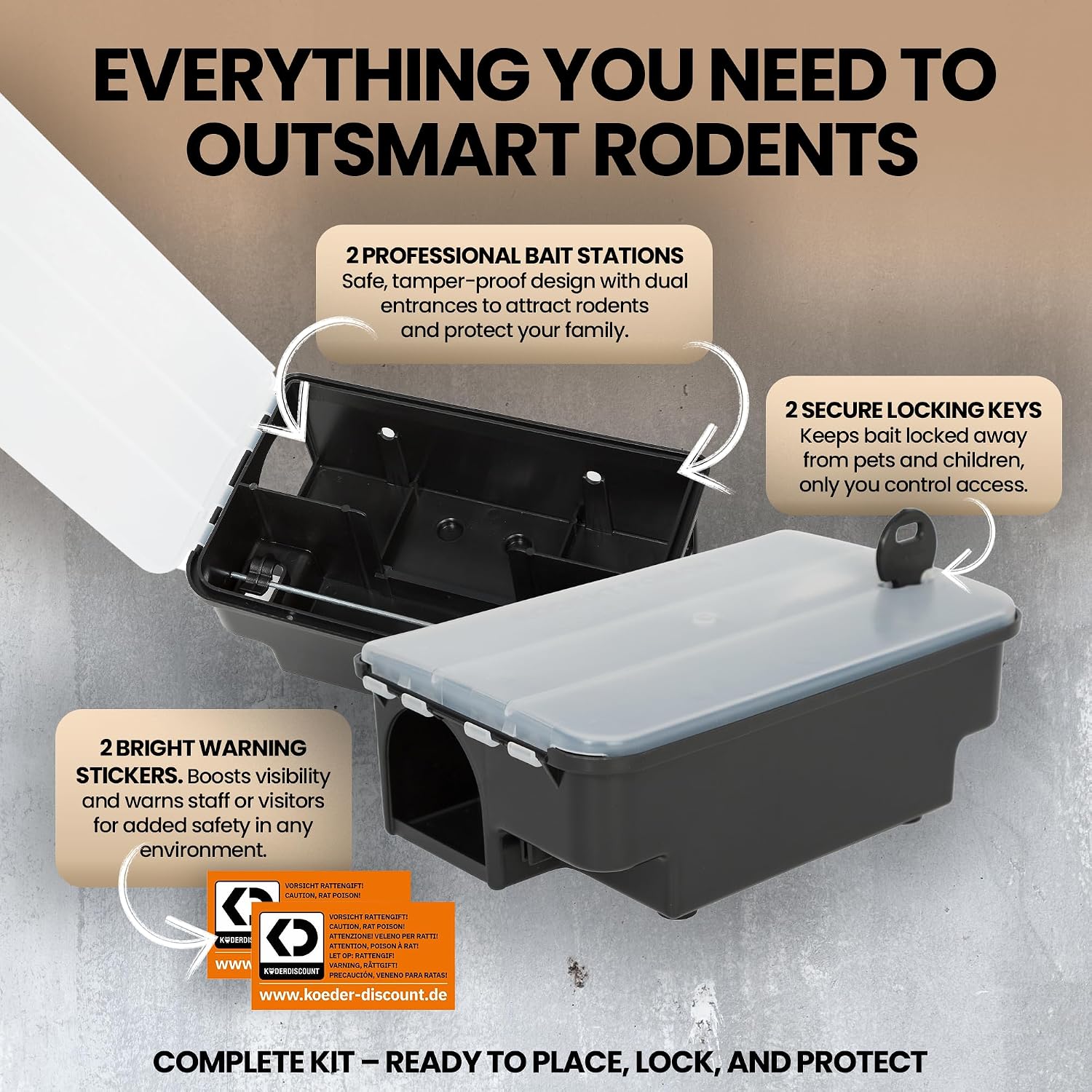 Professional Rat & Mouse Bait Station – 2 Lockable Weather-Resistant Rat Trap Boxes with Clear Lid & Dual Entry –