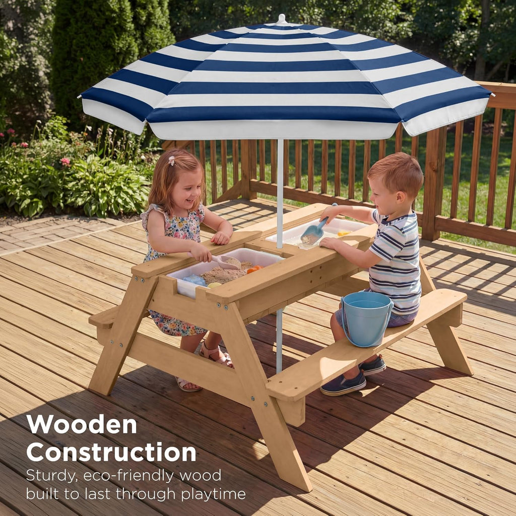 Kids Picnic Table with Umbrella, 3-in-1 Sand & Water Table, Outdoor Convertible Picnic Table for Toddlers, Seats 4