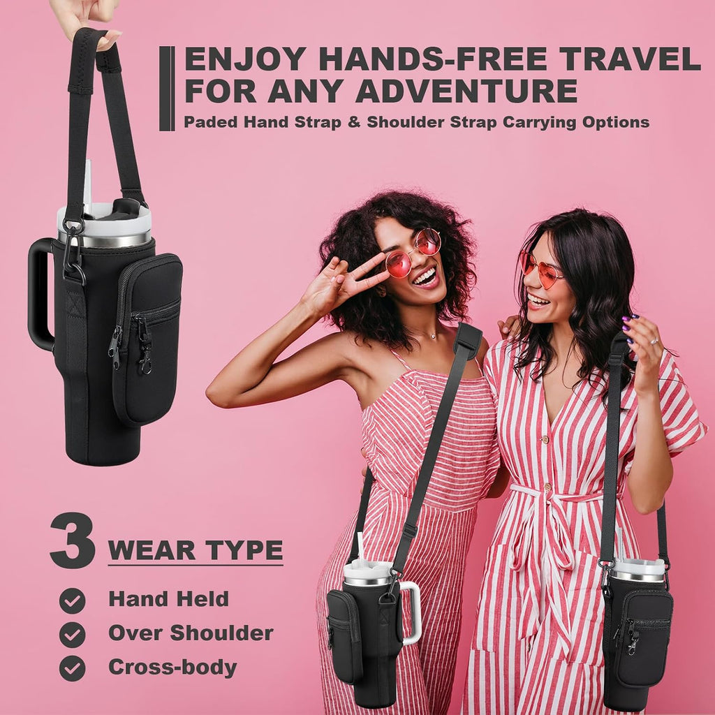 Water Bottle Carrier Bag with Phone Pocket for Stanley 40 & 30 oz Tumbler with Handle,Pink Insulated Neoprene Cup