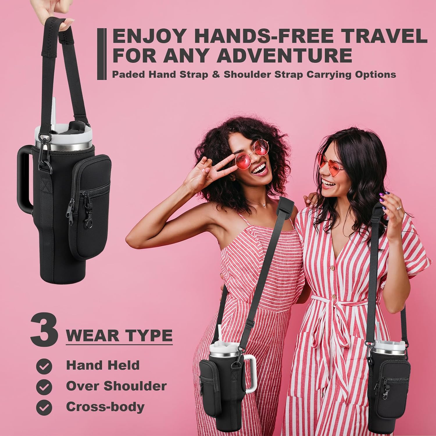 Water Bottle Carrier Bag with Phone Pocket for Stanley 40 & 30 oz Tumbler with Handle,Pink Insulated Neoprene Cup