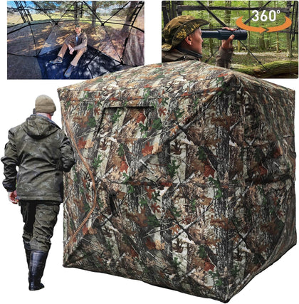 Hunting Blind with Floor Mat, 360 See Through Ground Blind, Pop Up | 2/3/4 Person Camouflage Tent, Portable Concealed
