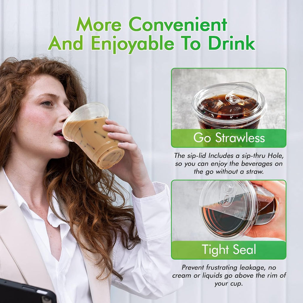 100 PACK 12 oz Clear Plastic Cups With Sip Lids, Strawless Lids
