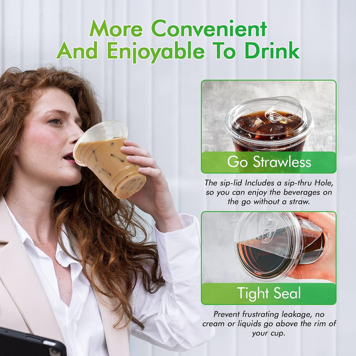100 PACK 12 oz Clear Plastic Cups With Sip Lids, Strawless Lids