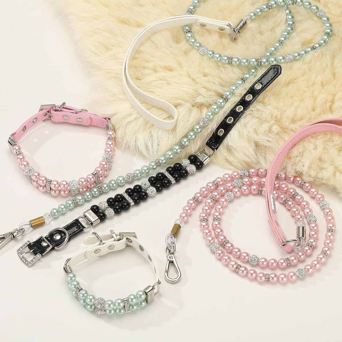 Pearl Dog Collar, Bling Pearl Cat Collar with Leash White, M