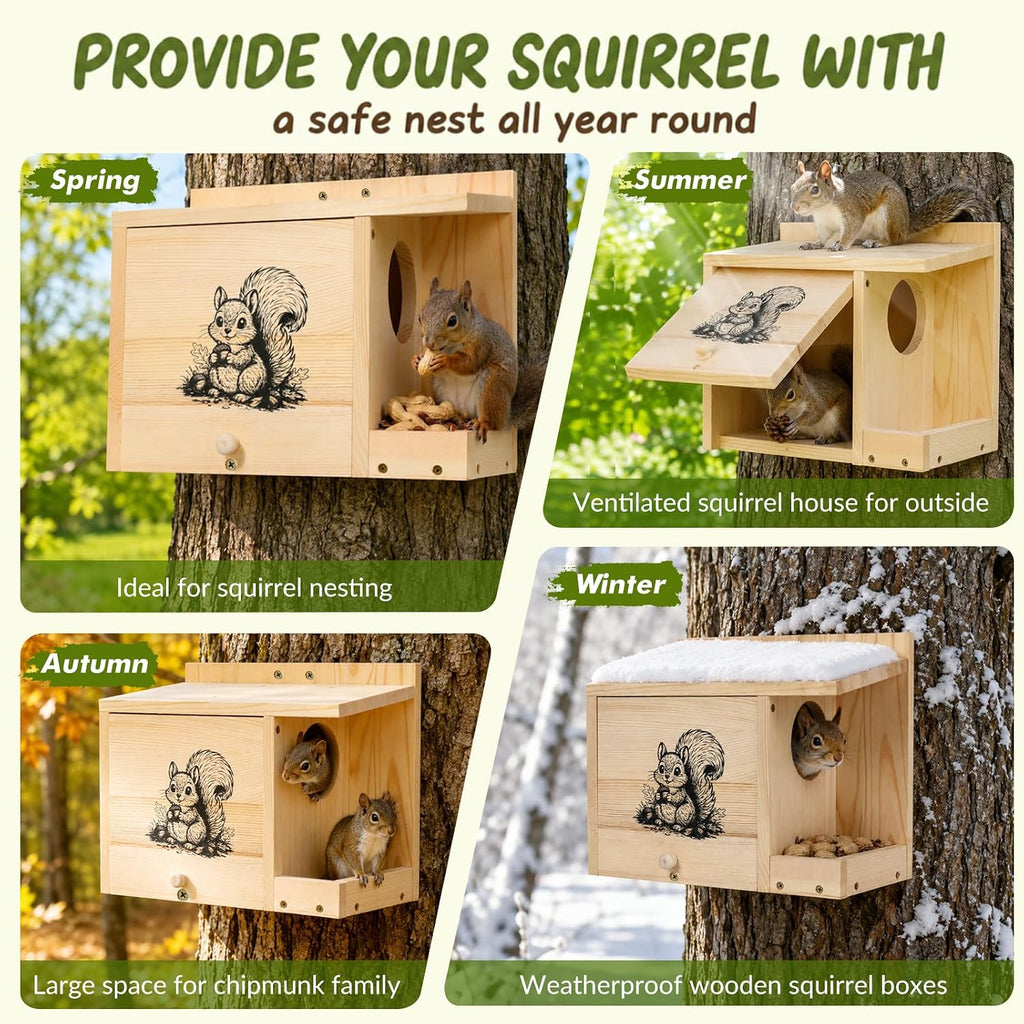 Large Squirrel House for Outside, Squirrel Nesting Box with Squirrel Feeder