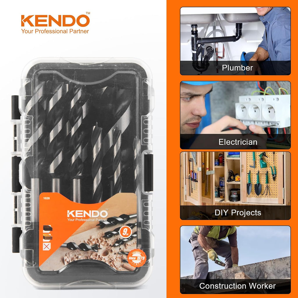 Auger Drill Bit Set for Wood, 9-Piece Alloy Steel | Hex Shank Wood Auger Bits with Screw Point for Hardwood