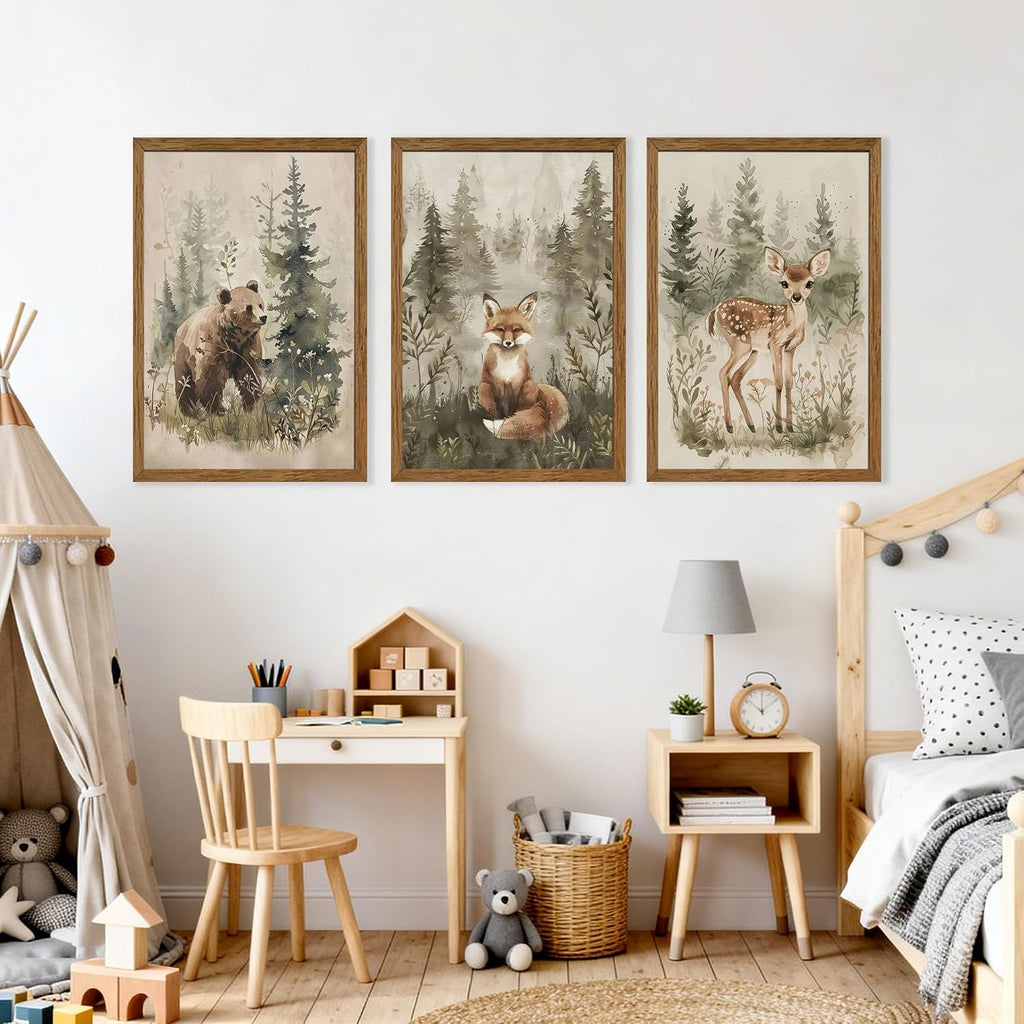 Woodland Animals Nursery Decor Framed Canvas Wall Art, 3pc 12x16 In | Cute Bear Fox Deer, Neutral Forest Animals