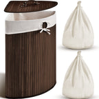 Corner Bamboo Laundry Hamper with Lid, Brown, Vertical Slatted