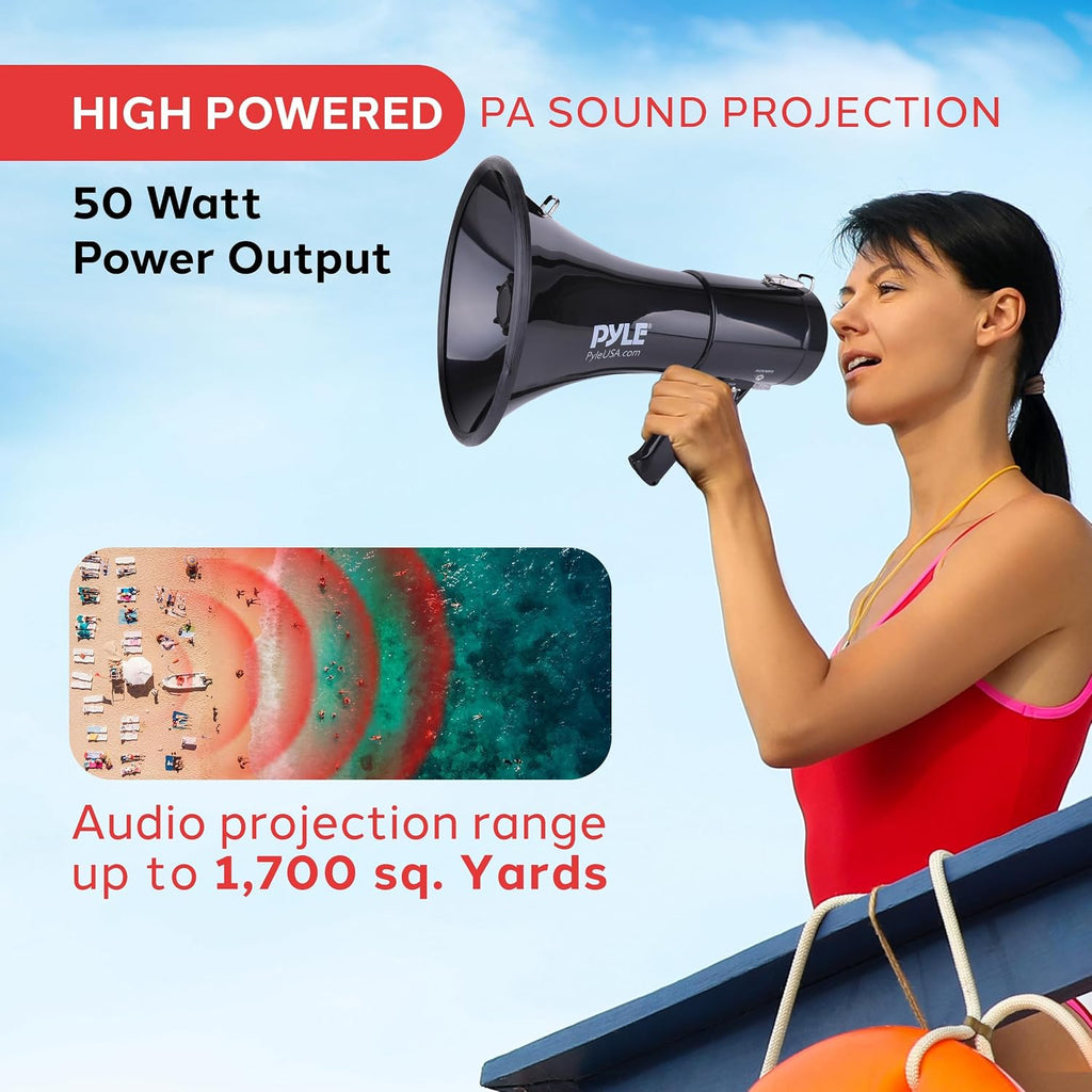 50W Megaphone Speaker PA Bullhorn - Built-in Siren, Adjustable Volume Control, 35mm Aux Input, 1554 Meters Range
