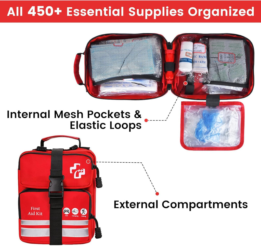 450 Piece Premium First Aid Kit, Water-Resistant Emergency Medical Kit with MOLLE System for Car, Home, Travel