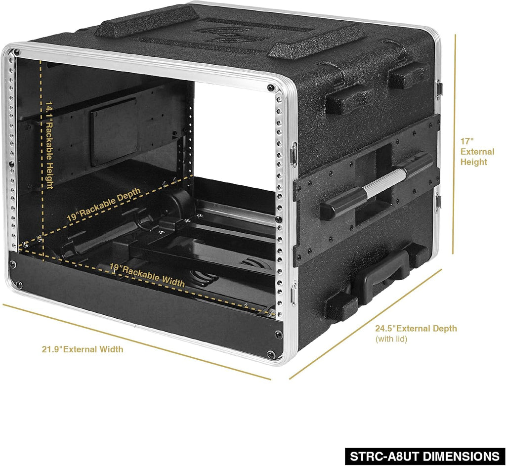 Lightweight 8U PA DJ Rack/Road Case with 7U Rack Space, ABS Construction, 19” Depth, Retractable Handle, Wheels and