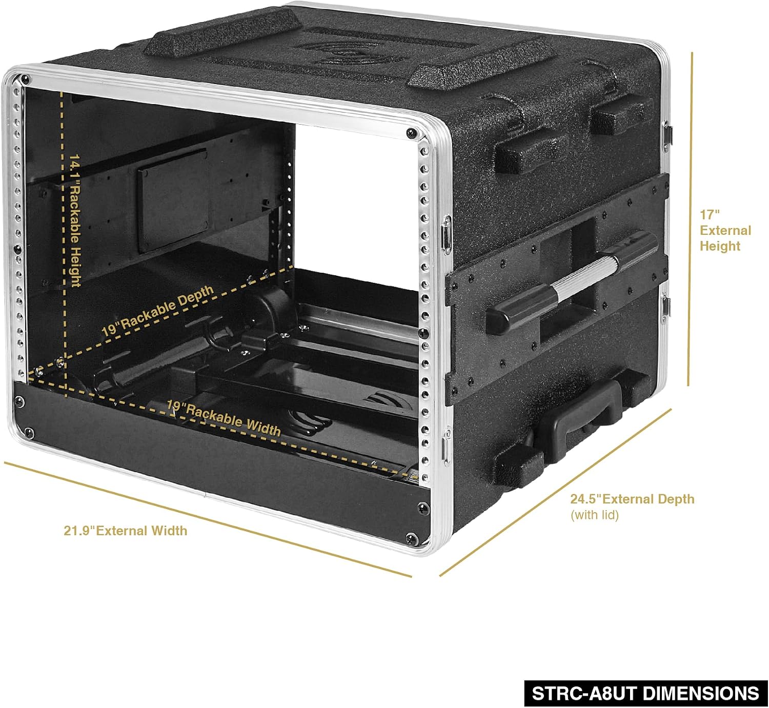 Lightweight 8U PA DJ Rack/Road Case with 7U Rack Space, ABS Construction, 19” Depth, Retractable Handle, Wheels and