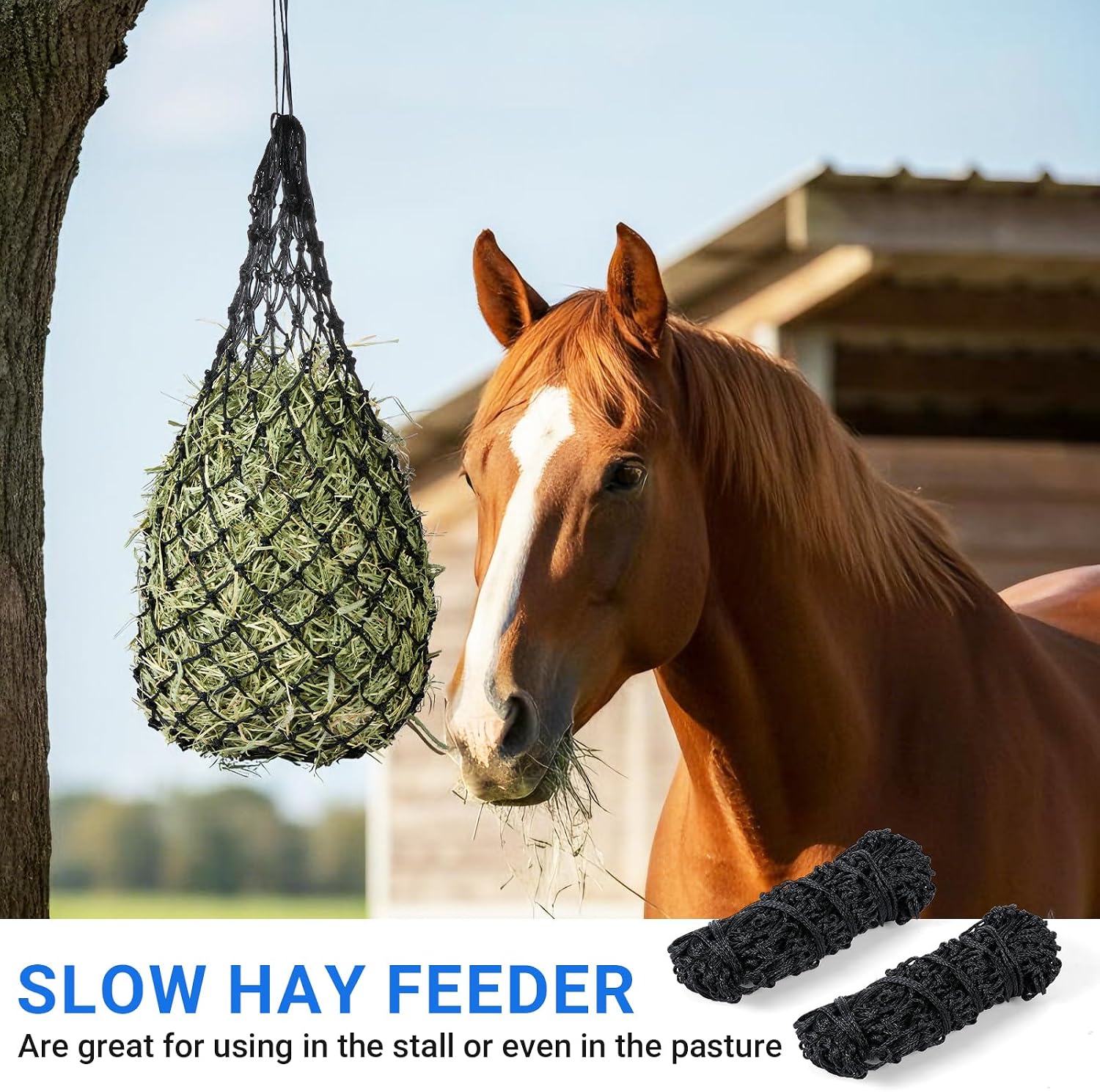 2-Pack Heavy Duty Hay Bags, Slow Feeder for Horses & Goats with 2-Inch Holes, Adjustable Drawstring Hay Net to Reduce