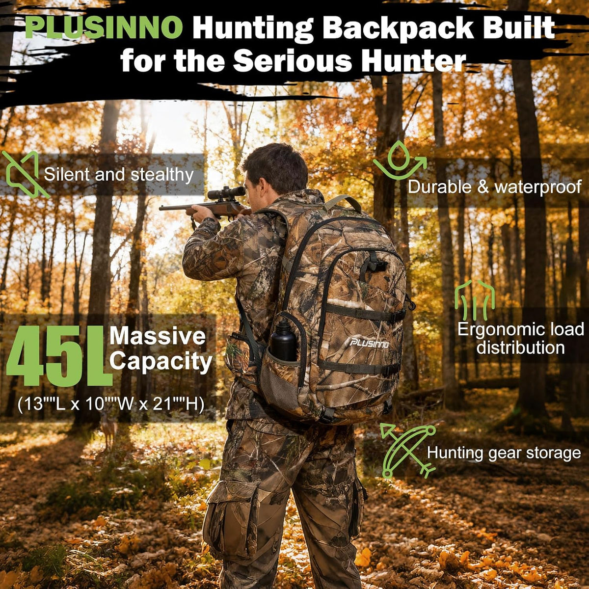 Hunting Backpack for Hunting Essentials, 45L Waterproof Hunting Gear with Rain Cover, & Padded Scabbard Carry System