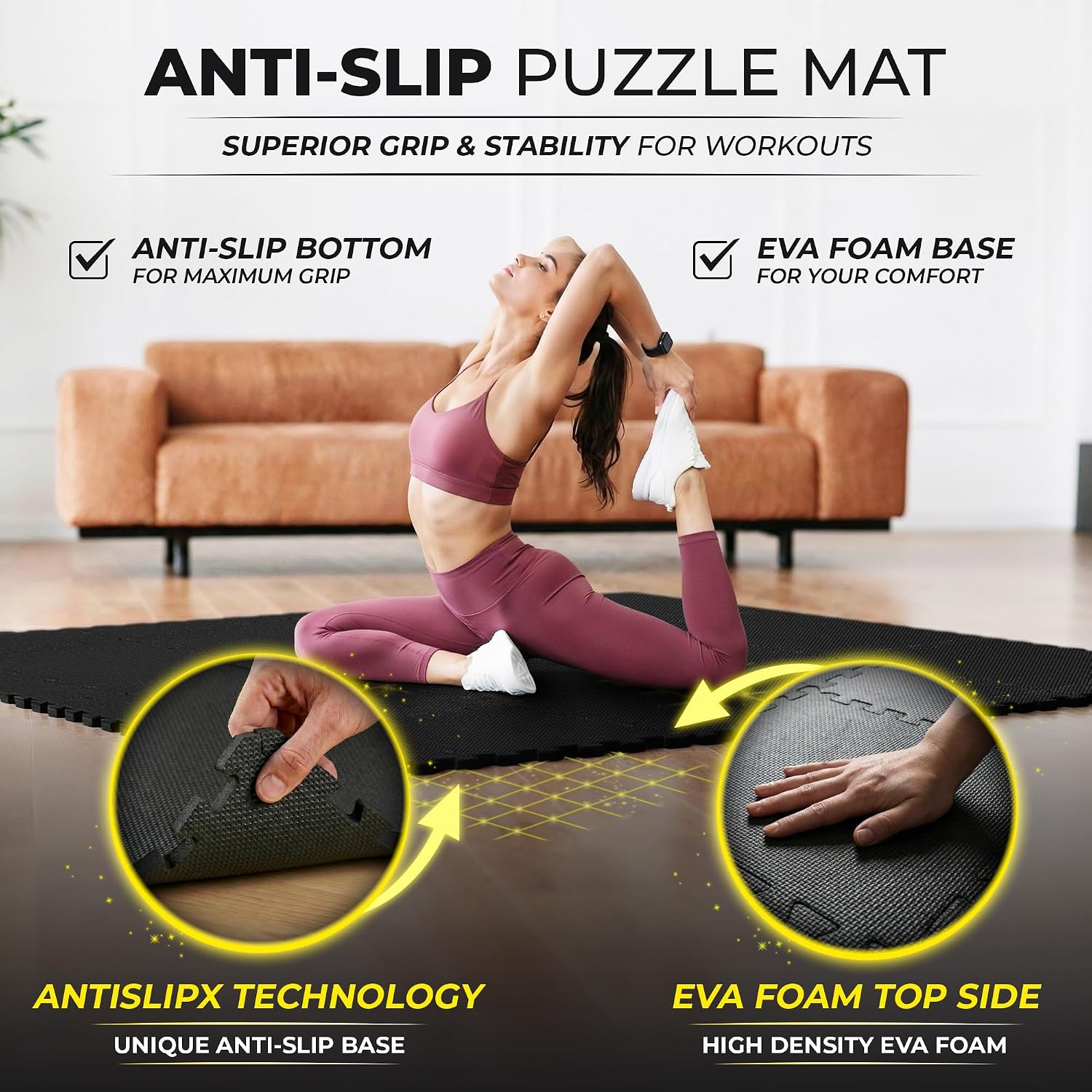 Gym Mats Set AntiSlipX - 18 pcs EVA Interlocking Foam Floor Tiles (12.6"x12.6"x0.4") 18sqft Protective Anti Slip Gym