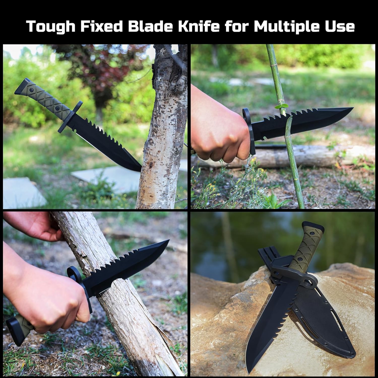 15" Fixed Blade Tactical Knives with Sheath, Stainless Steel Survival Hunting Bushcraft Full Tang Non-Slip Handle