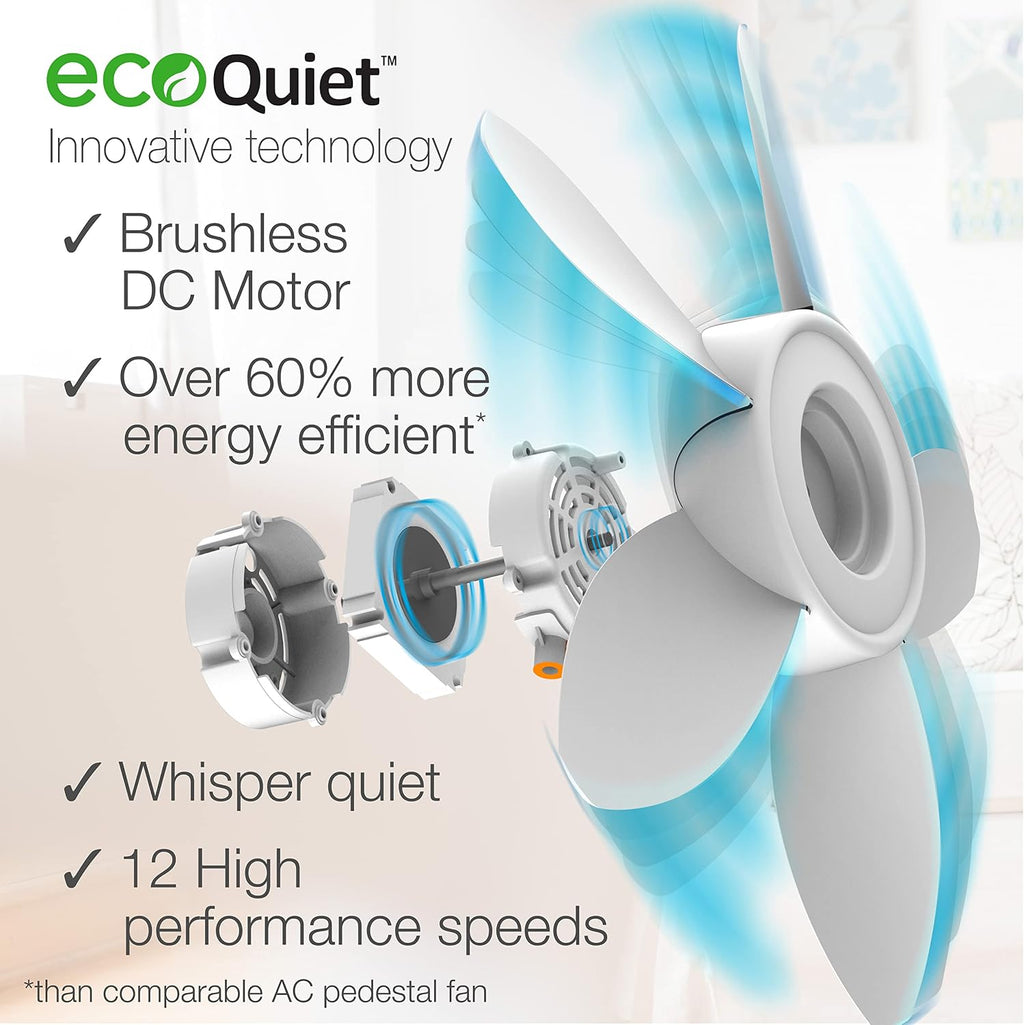 EcoQuiet Oscillating Pedestal Fan with Whisper Quiet DC Motor, 12 Speeds, 8 Hour Timer, Adjustable Height, Remote