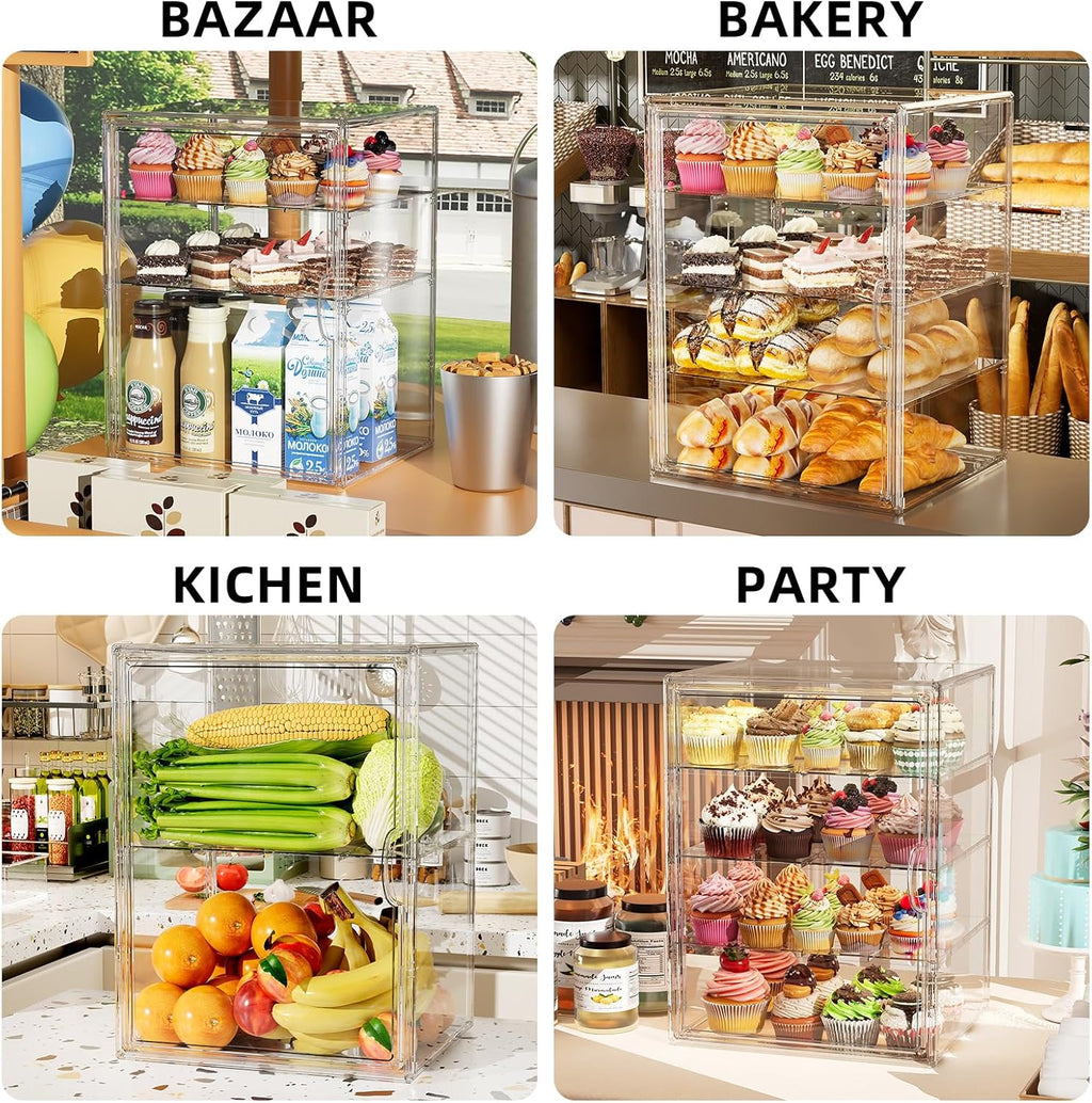 Pastry Display Case, 3 Tier Bread Box for Kitchen Countertop, Acrylic Cookie Display Stand with Magnetic Door, Large