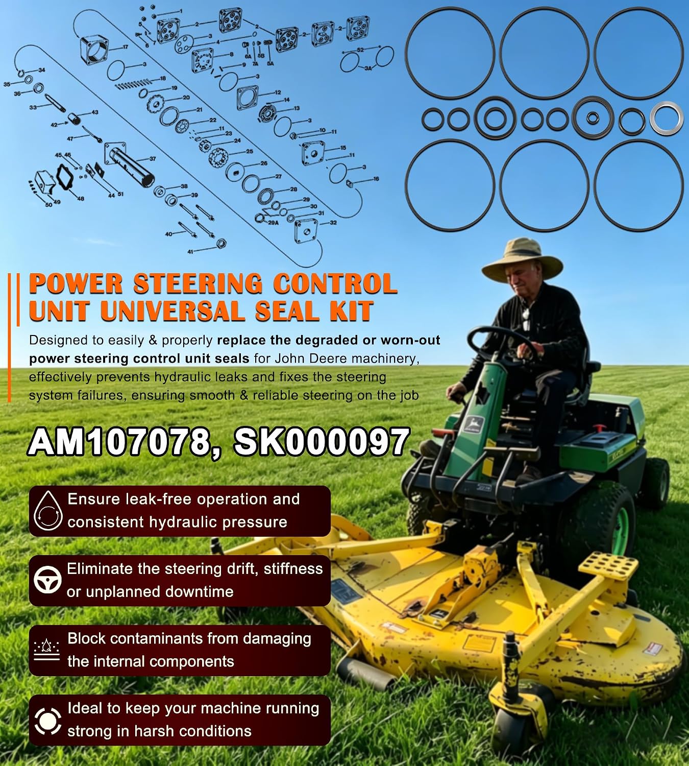 AM107078 Power Steering Control Unit Universal Seal Kit Fits for John Deere Lawn and Garden Tractors 318, 322, 332
