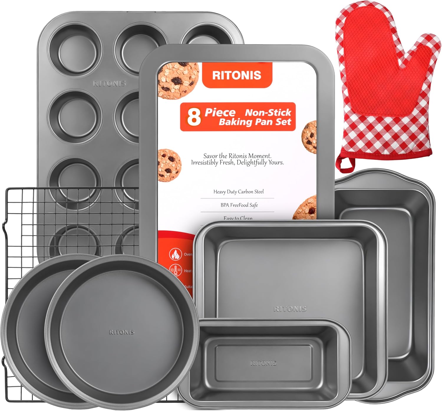 8-Piece Baking Pans Set, Non-stick Bakeware Sets Non-Toxic Baking Sheet Sets for Cooking, Include Round＆Square Cake