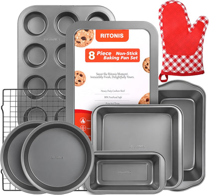 8-Piece Baking Pans Set, Non-stick Bakeware Sets Non-Toxic Baking Sheet Sets for Cooking, Include Round＆Square Cake