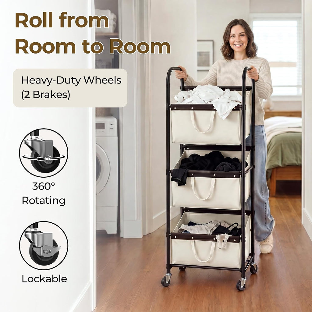 3 Tiered Laundry Sorter, Narrow Hamper Cart with Wheels | Sturdy 3 Section Laundry Basket with Wheels, Vertical Beige