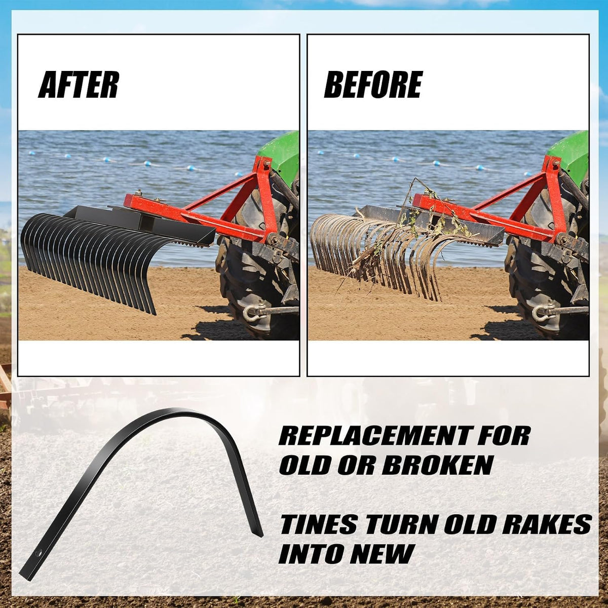 6 Pack Rock Rake Tines 1" x 5/16" Landscape Rake Tine One Bolt Mount Replacement Heat-Treated Clam Tines for Tractor