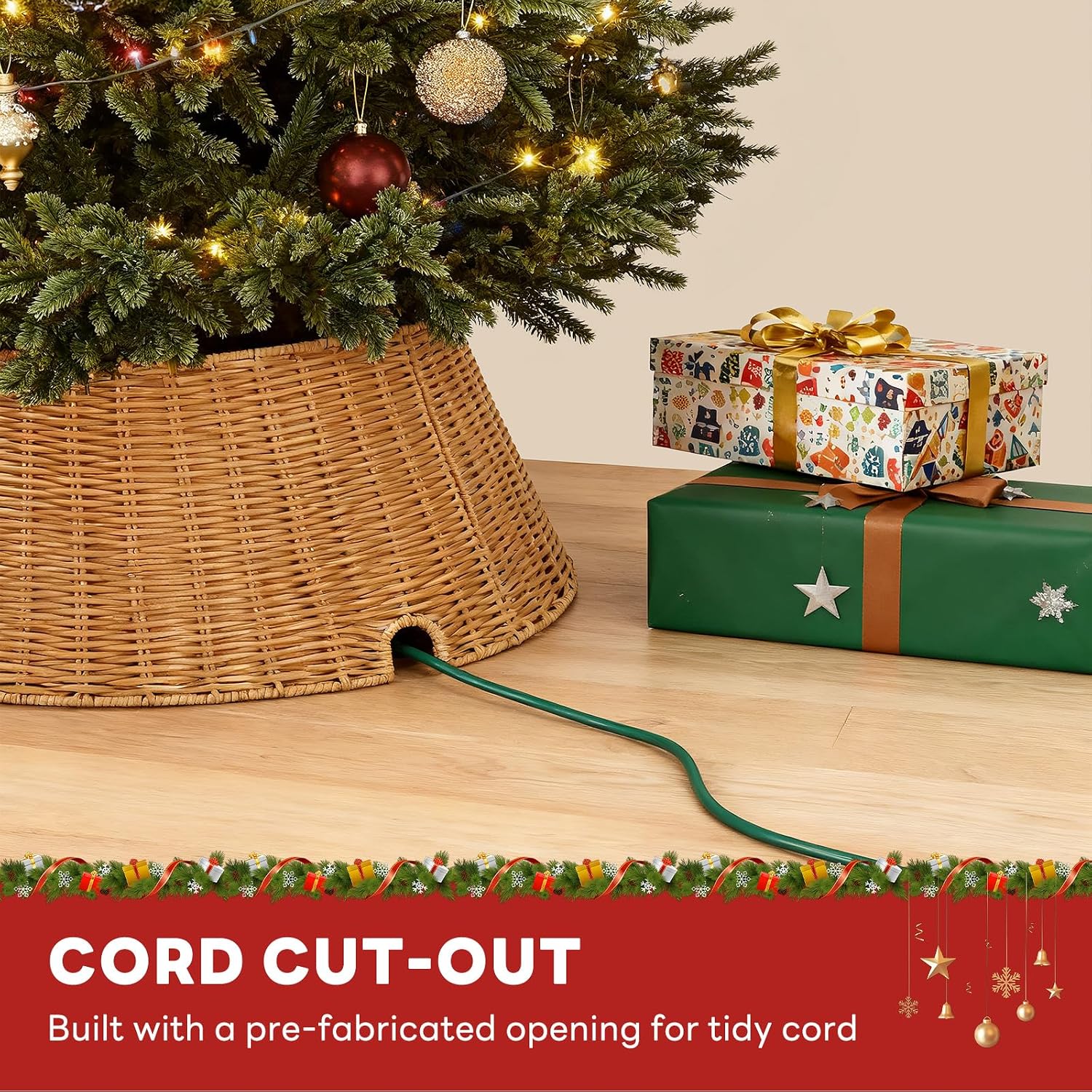 27in Christmas Tree Collar, Wicker Skirt for 7.5ft Artificial Trees, 4-Piece Wicker Base Cover, Natural