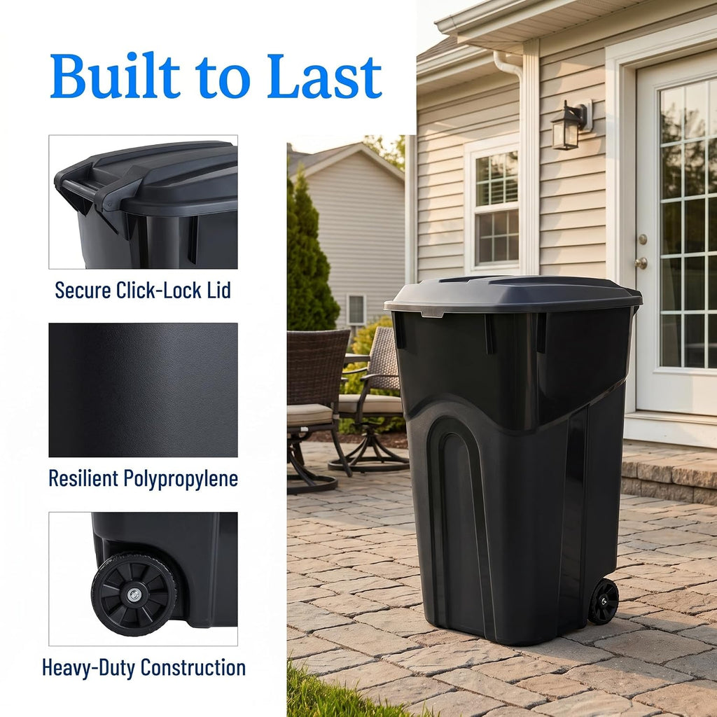 32 Gallon Outdoor Trash Can with Lid and Wheels, Wheeled Garbage Bin, Black | 32 Gallon Outdoor Trash Bin, Wheeled
