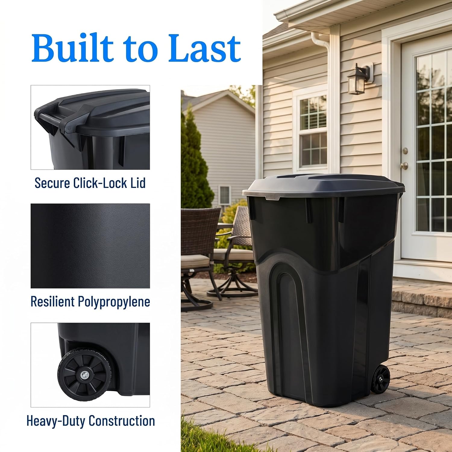 32 Gallon Outdoor Trash Can with Lid and Wheels, Wheeled Garbage Bin, Black | 32 Gallon Outdoor Trash Bin, Wheeled