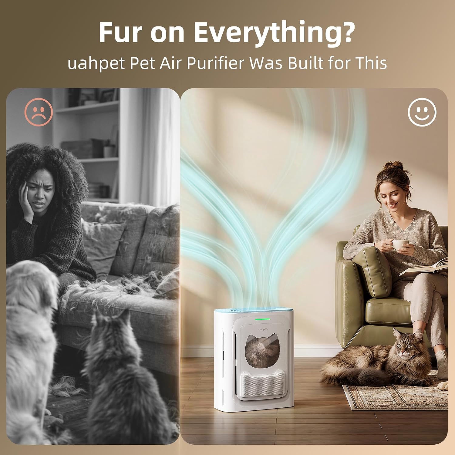 Pet Air Purifier, H13 HEPA Filter for Pet Hair, Dander & Odors, 2100 Sq Ft Coverage, Plug & Play No WiFi Required