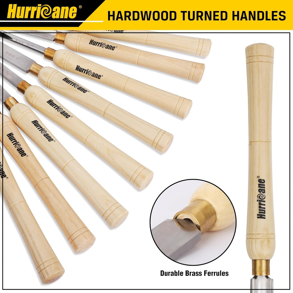 8pc Wood Lathe Chisel Set, M2 HSS Wood Turning Tools with 10" Solid Hardwood Handles, Lathe Tool Kit for Beginners