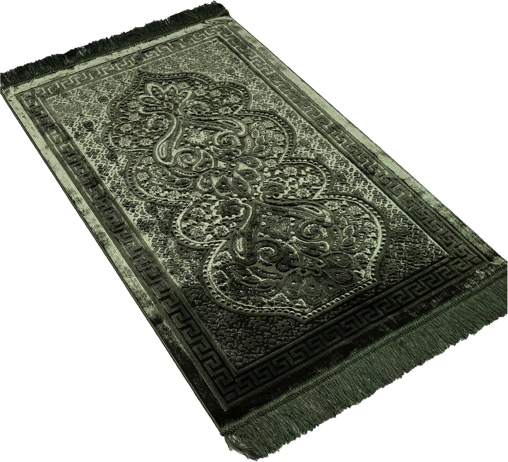 Luxury Velvet Plush Muslim Prayer Rug - Paisley (Dark Green)
