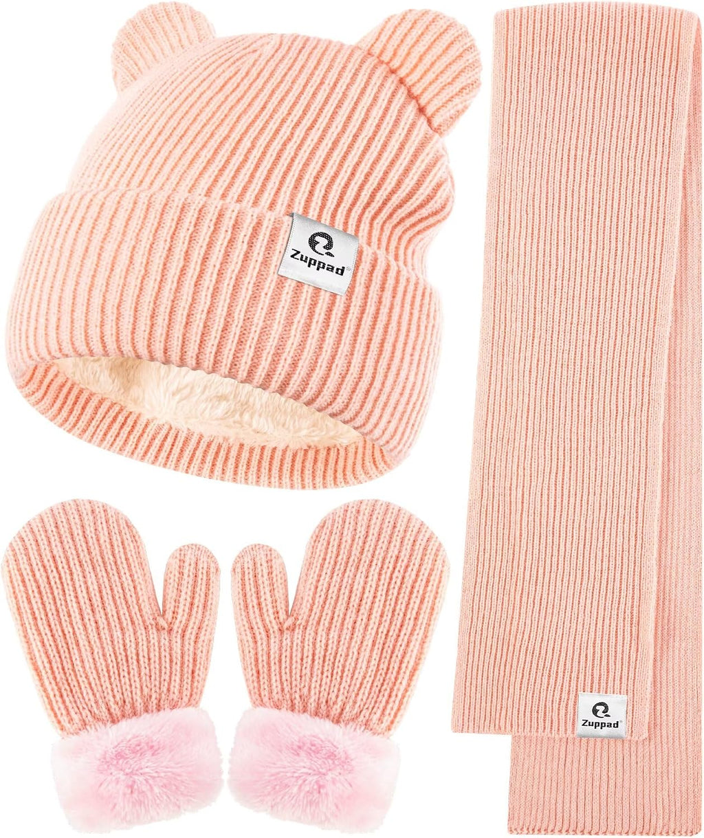 Baby Beanie Mittens Scarf Set,Toddler Infant Kids Winter Hat with Bear Ear Thermal Gloves Neck Warmer Set for Girls Boys
