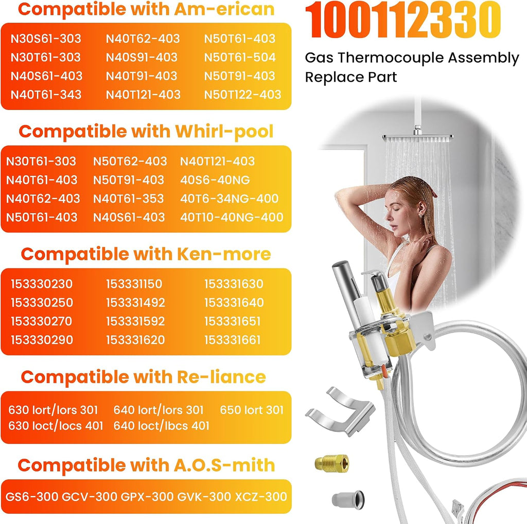 100112330 9007876 Water Heater Pilot Assembly Compatible with 300 301 Series, Whirl-pool, Ken-more, Am-erican, Re-liance, A.O.S-mith, 9007877 4067826 100078039 Water Heater Thermocouple by Fetechmate