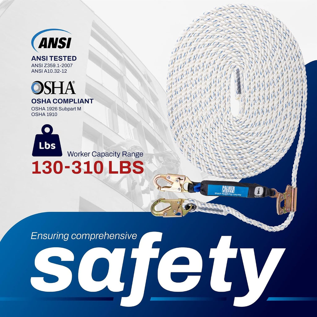 Vertical Lifeline Assembly - 50FT Rope Harness Safety Lanyard with Rope Grab - Fall Protection Kit
