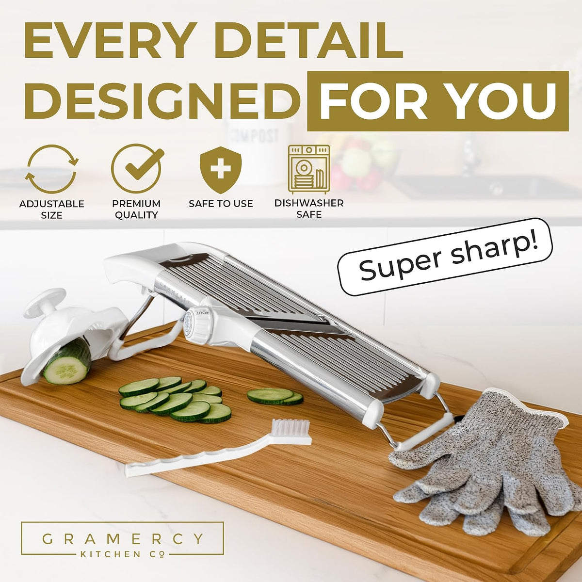 Gramercy Mandoline Slicer for Kitchen with 12 Slice Settings, White Edition | Slice from Paper-Thin to Thick-Cut with