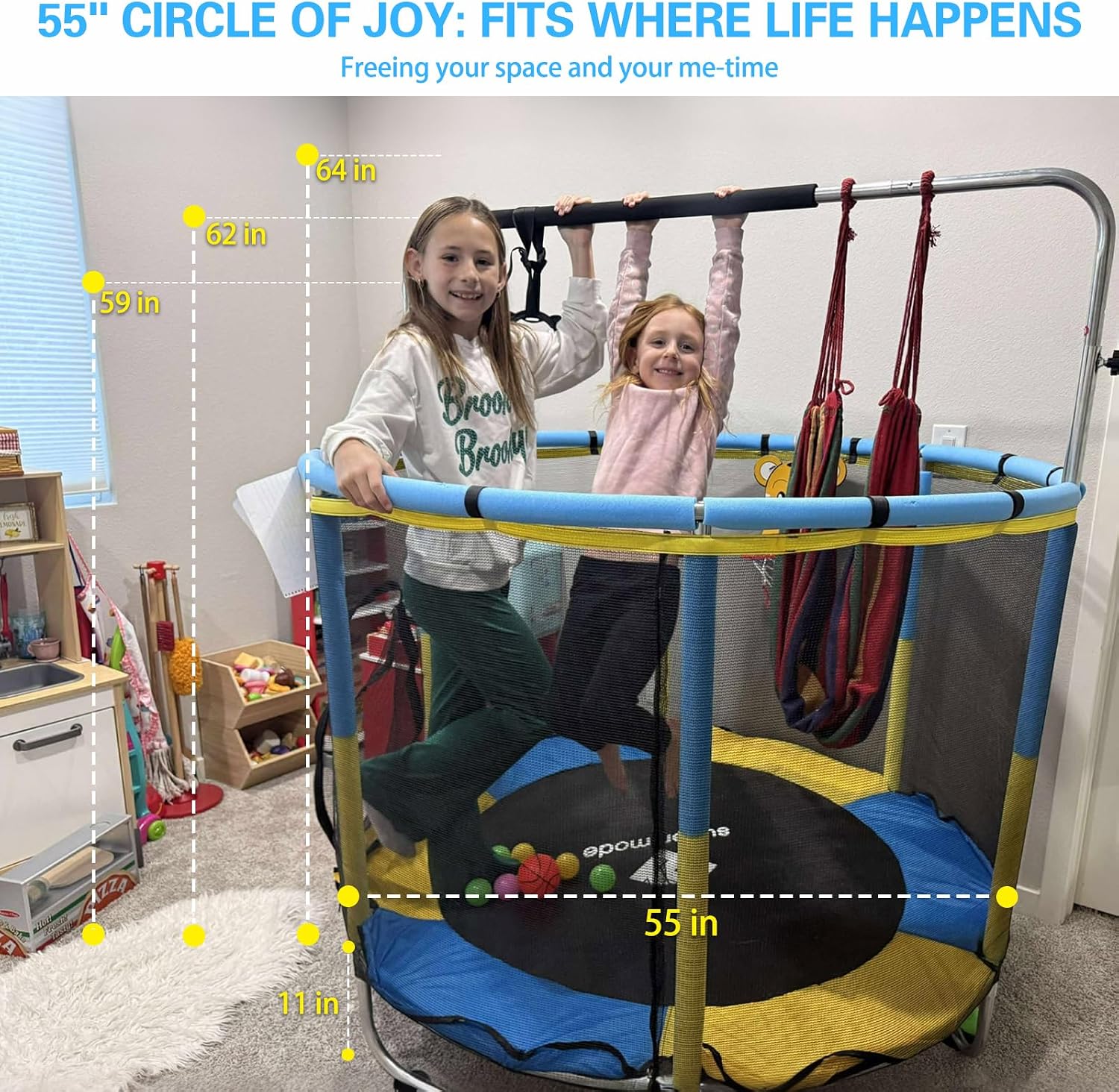 55" Indoor & Outdoor Trampoline for Kids with Enclosure, Toddler Trampoline with Adjustable Gymnastics Bar & Toys
