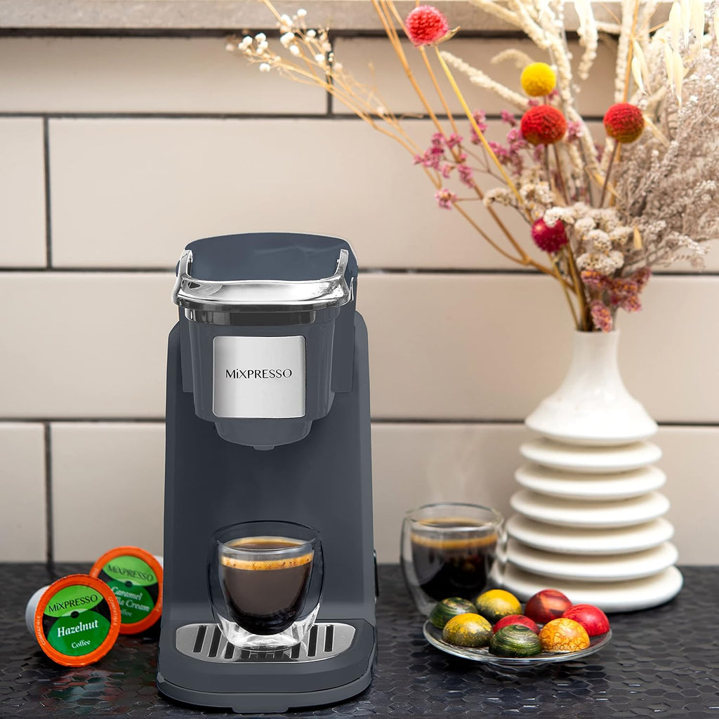 Single Serve Coffee Maker K Cup Coffee Maker for K Pods & Grounds | Compact 800W Gray Coffee Machine with 12 Oz Water
