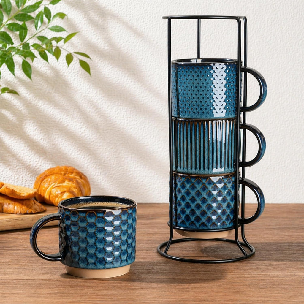 12oz Stackable Coffee Mugs with Stand, Ceramic Coffee Cups Set of 4