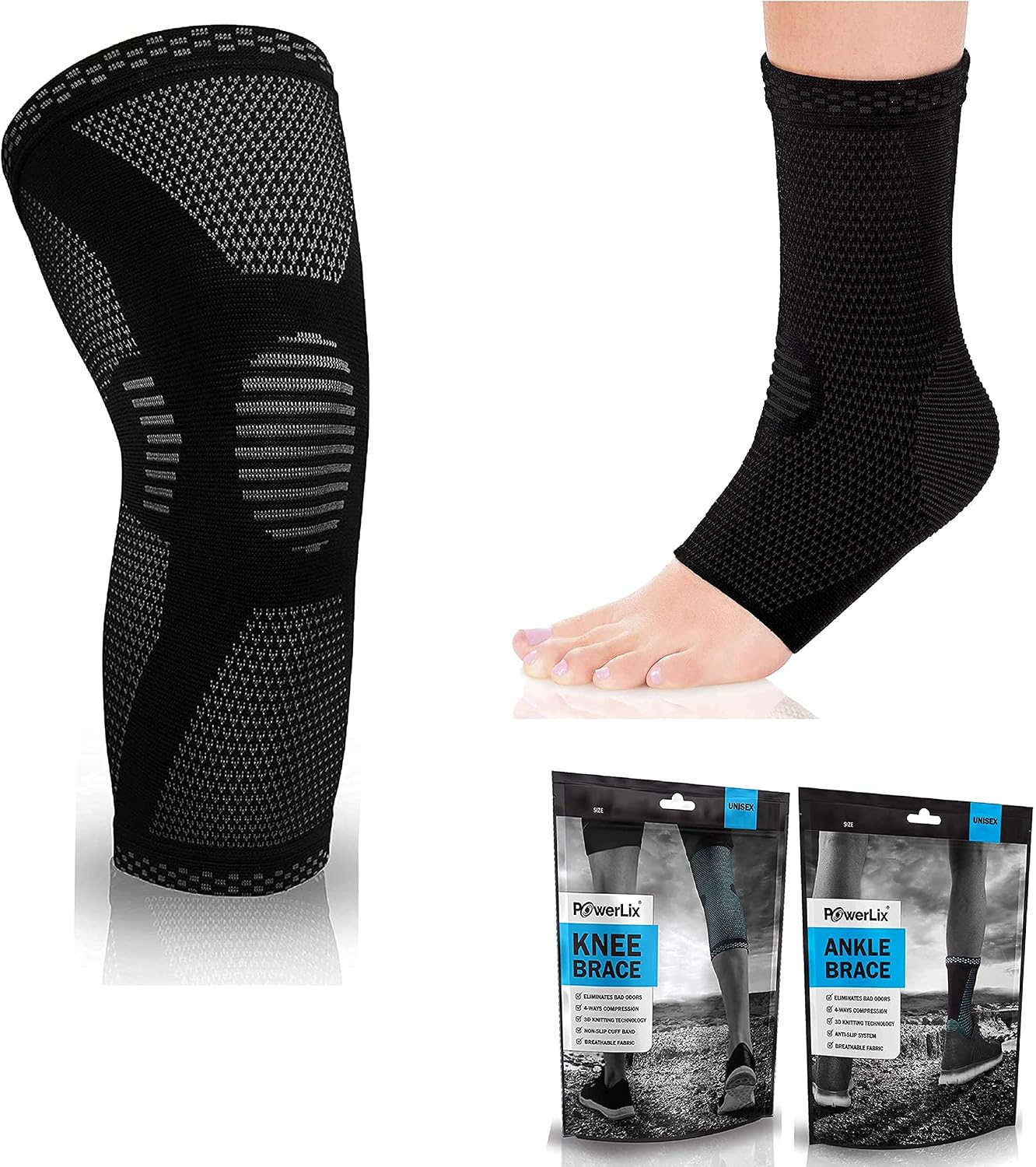 Knee Brace + Ankle Brace (Pair) Compression Support Sleeve for Men & Women, Knee and Ankle Support for Weightlifting